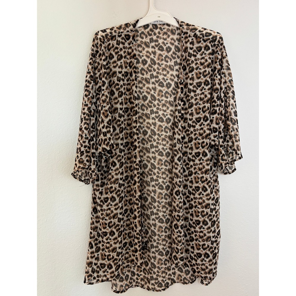 Kate Kasin Leopard Print Kimono Wrap Sheer Chiffon Cardigan Beach Cover Up S